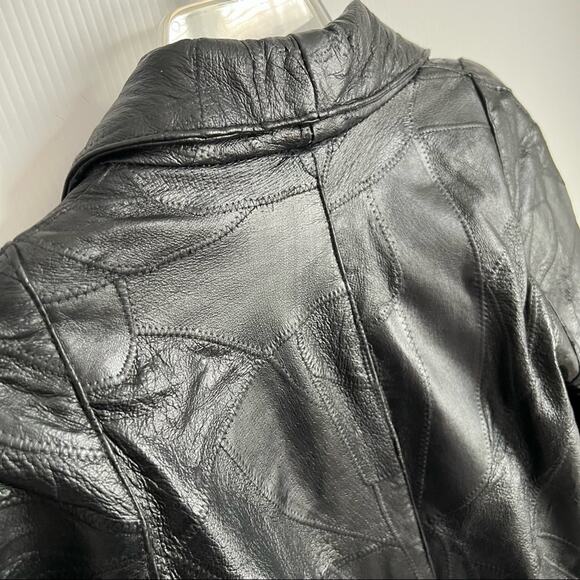 Vintage 80s 90s Italian Stone Design Genuine Leather Patchwork Trench Coat - Picture 13 of 16